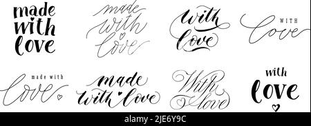 Realizzato con lettere d'amore. Testo disegnato a mano per i prodotti artigianali e con segno tipografico della frase d'amore per il set vettoriale della lettera d'annata Illustrazione Vettoriale