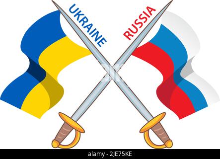 Bandiere della Federazione Russa e dell'Ucraina con spade incrociate. Illustrazione, concetto di relazioni tese tra l'ovest e la Russia Illustrazione Vettoriale