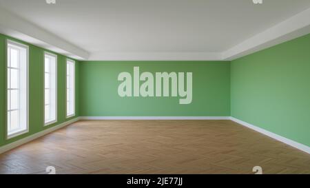 Camera con pareti verdi, soffitto bianco e cornicione, tre grandi finestre, pavimento in parquet di herringbone lucido e un Plinth bianco. Interno vuoto. Camera di concetto Beautiful, 3D rendering. 8K Ultra HD, 7680 x 4320 Foto Stock