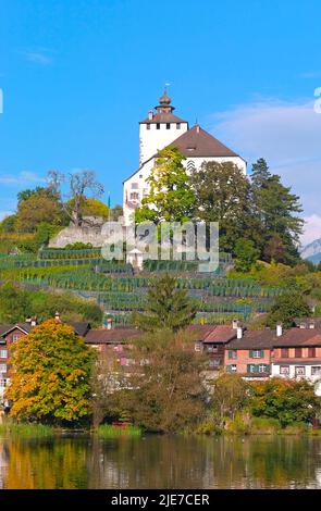 Scenic Village e Castello Werdenberg in autunno, Grabs Rheintal CH Foto Stock