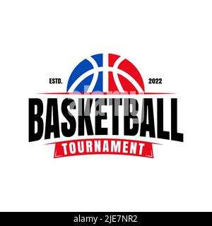 Logo American Sports Basketball club, club di basket. Emblema del club di basket del torneo, modello di design su sfondo bianco Illustrazione Vettoriale