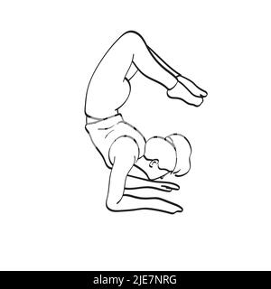 Intera lunghezza di forma donna yoga facendo inversione avanzata e braccio-bilanciamento Scorpion handstand illustrazione vettore disegnato a mano isolato su sfondo bianco Illustrazione Vettoriale