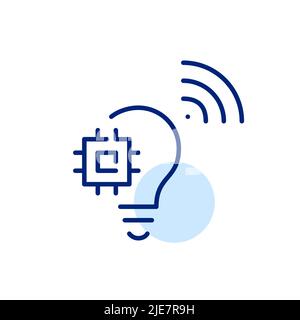 Lampadina della luce intelligente. Appliance elettrica CON chip CPU IOT. Pixel Perfect, icona grafica con linea di traccia modificabile Illustrazione Vettoriale