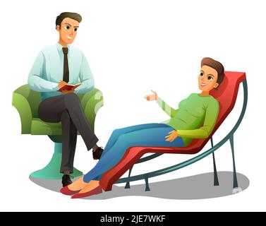 Psicologa e paziente sul divano. Specialista in psicologia di adulti e bambini. Visita al medico. Stile cartoon. Scena isolata su bianco Illustrazione Vettoriale