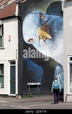 Un grande murale di Street art di un gabbiano sul lato di una casa a Bristol. Artisti di strada boe e irony hanno collaborato per creare l'opera d'arte per Upfest Foto Stock