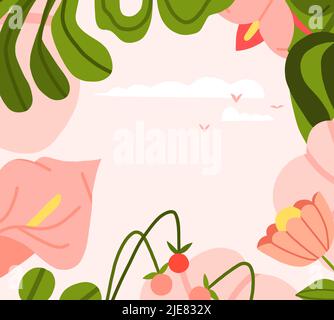 Disegno a mano astratto clip grafica arte illustrazione vettore sfondo banner di composizione con astratto boho giardino natura forme, fiori fiore Illustrazione Vettoriale