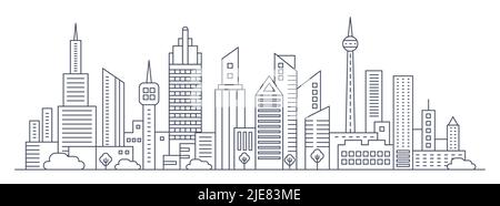 Città futura con edifici alti e moderni e torri infografica illustrazione vettoriale sottile linea. Profilo astratto skyline, panorama paesaggio urbano con case del centro, costruzioni e alberi sfondo Illustrazione Vettoriale