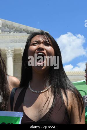 Washington DC, Stati Uniti. 25th giugno 2022. I manifestanti si riuniscono al di fuori del Campidoglio, a Washington DC, USA, per protestare contro la decisione della corte suprema di ribaltare Roe contro Wade e restituire il controllo sul diritto all'aborto ai singoli stati. Un gran numero di stati si è immediatamente mosso per rendere l'aborto illegale. Abbie Clendaniel/Pathos Credit: Pathos Images/Alamy Live News Foto Stock