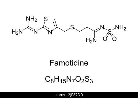 Famotidina, formula chimica. Farmaco antagonista del recettore dell'istamina H2 che diminuisce la produzione di acido gastrico, usato per trattare la malattia di ulver peptico. Foto Stock