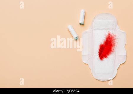 tamponi e tampone donna - tamponi sanitari si trovano accanto a un tampone su uno sfondo isolato su sfondo rosa e viola. Igiene femminile e mestruale p Foto Stock