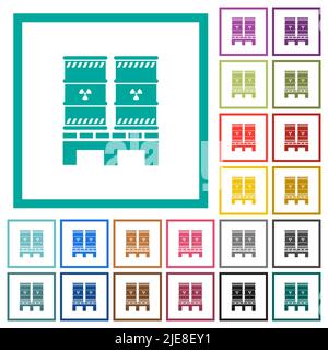 Pallet con residui radioattivi, icone a colori piatti con quadranti su sfondo bianco Illustrazione Vettoriale