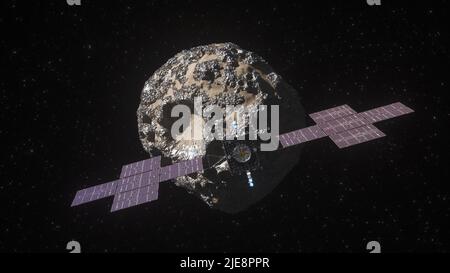 Questa illustrazione, aggiornata nell'aprile 2022, raffigura la navicella spaziale Psiche della NASA. La missione Psiche, che sarà lanciata nell'agosto del 2022, esplorerà un asteroide ricco di metalli dello stesso nome che si trova nella fascia principale dell'asteroide tra Marte e Giove. La navicella spaziale arriverà all'inizio del 2026 e orbiterà l'asteroide – come mostrato anche in questa illustrazione – per quasi due anni per investigarne la composizione. Gli scienziati pensano che Psiche possa essere il nucleo di un planimetesimale, uno dei blocchi costitutivi dei pianeti terrestri (rocciosi) nel nostro sistema solare: Mercurio, Venere, Terra e Marte. In caso affermativo, potrebbe fornire un unico Foto Stock