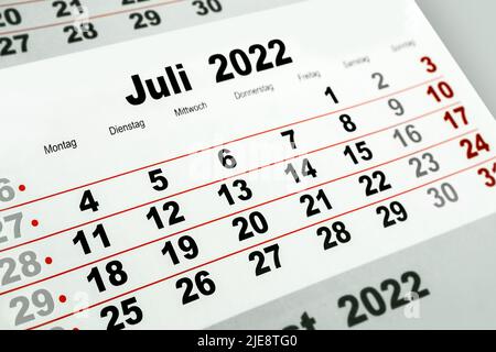 Calendario tedesco 2022 luglio e primo piano nei giorni feriali Foto Stock