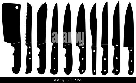 Set di coltelli da cucina diversi silhouette isolato su bianco Foto Stock