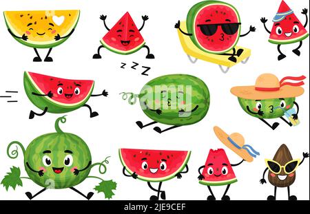 Personaggi di cocomero cartoon. Frutta succosa divertente con facce, mani e piedi carini, bacche estive sorridenti, emozioni felici. Intero, pezzi e fette Illustrazione Vettoriale