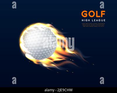 Palla da golf nel fuoco. Pallina bianca volante realistica con fiamma, oggetto sportivo ardente, colpo forte del club, elemento caldo mobile 3D isolato, club sportivo o. Illustrazione Vettoriale