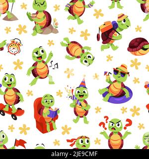 Tartaruga cartoon motivo senza cuciture. Cute mascotte animali, carattere divertente, stampe di vivaio, varie azioni ed emozioni, sfondo vettoriale ordinato. Arredamento Illustrazione Vettoriale
