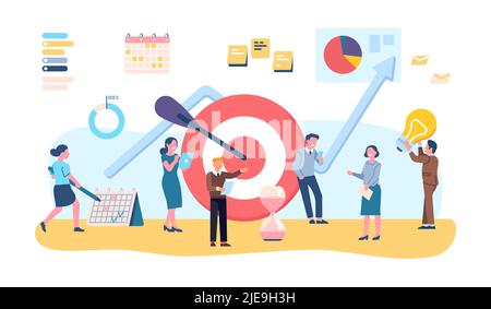 Obiettivo aziendale. Pianificazione delle attività. Obiettivi di lavoro. Gente minuscola con la punta rotonda enorme e la freccia della bullseye. Infografica sullo stato di avanzamento. Successo di businessman Illustrazione Vettoriale
