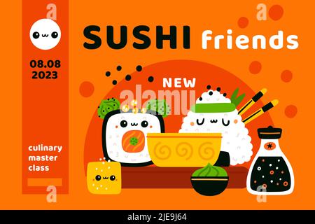 Simpatico poster dei sushi roll. Kawaii fumetto giapponese cibo personaggi. Fumetti onigiri e tofu. Frutti di mare con riso. Lezione di cucina. Wasabi e soia Illustrazione Vettoriale