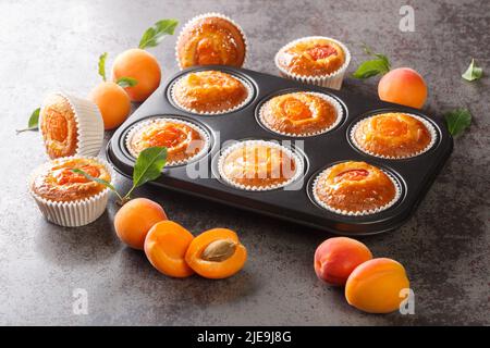 Muffin all'albicocca veggie in una teglia da forno sul tavolo. Orizzontale Foto Stock