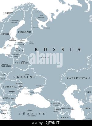 Europa orientale e Asia occidentale, mappa politica grigia. Con il Mar Nero, il Mar Caspio, la Russia europea e una parte dell'Asia centrale. Foto Stock