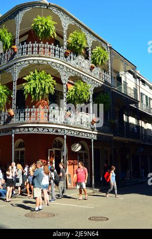 I turisti nel quartiere Francese di New Orleans ammirano l'architettura classica e gli edifici con ringhiere ornate in ferro battuto sul balcone Foto Stock