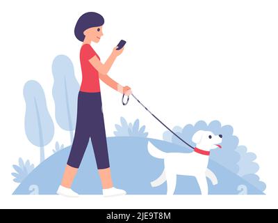 Donna che cammina cane nel parco mentre guarda lo smartphone. Semplice, moderno disegno vettoriale in stile cartoon piano. Illustrazione Vettoriale