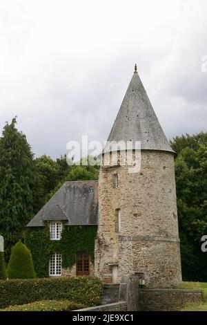 Una torre di pentola di pepe a Chateau Canisy in Normandia, Francia Foto Stock