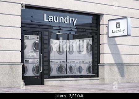 Esterno dell'edificio lavanderia con lavatrici al suo interno. 3d illustrazione Foto Stock