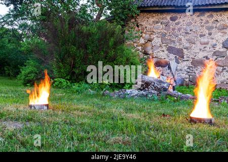fuoco fiamme in erba verde Foto Stock