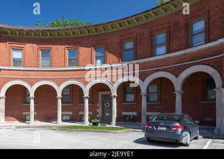 Chicago, Illinois: Alloggi per i lavoratori al Pullman National Monument, il sito di una città aziendale e di fabbriche che George Pullman ha utilizzato per produrre Pul Foto Stock