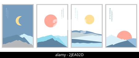Set di poster astratti con paesaggi di montagna blu. Illustrazione vettoriale. Illustrazione Vettoriale