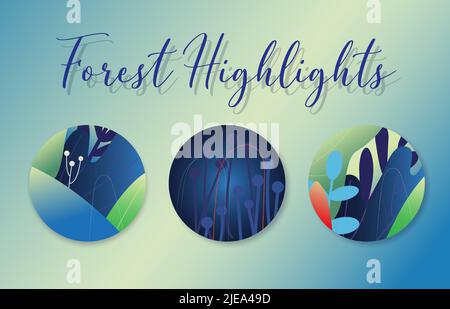 Collezione di icone di arte forestale astratta minimalistica. Modelli rotondi Illustrazione Vettoriale