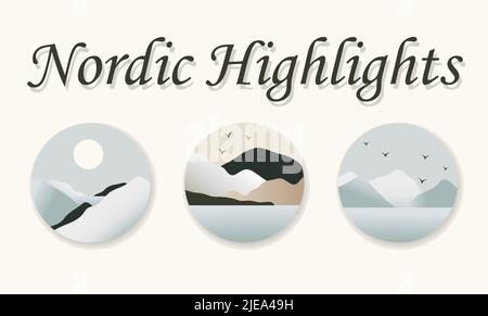 Astratto paesaggio nordico inverno gradiente set. Boho arte contemporanea Illustrazione Vettoriale