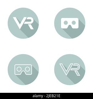Collezione di icone vettoriali bianche con logo VR nei cerchi. Design piatto con lunga ombra. Loghi di realtà virtuale Illustrazione Vettoriale