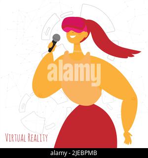 Concetto di realtà virtuale VR. Una donna canta il karaoke in occhiali di realtà virtuale. La femmina si esibisce sul palco e canta in occhiali di realtà aumentata Illustrazione Vettoriale