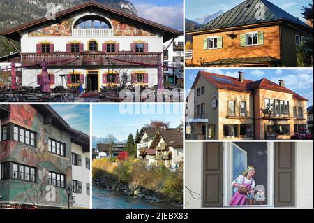 GARMISH-PARTENKIRCHEN, GERMANIA - Città in Baviera con un sacco di case dipinte e strade strette, Garmish, Germania Foto Stock