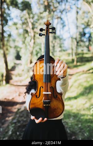 Donna che tiene il violino mentre sta in piedi nella foresta. Scatto verticale. Foto Stock