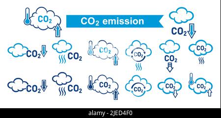 CO2 riduzione delle emissioni, anidride carbonica serra gas ridurre icona set. Basso inquinamento atmosferico da fumo carbonico. Nube di smog. Contaminazione dell'atmosfera. Vettore Illustrazione Vettoriale