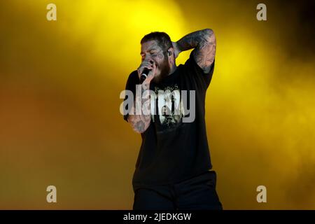 26 giugno 2022, Lisbona, Portogallo: US rapper Post Malone si esibisce il 26 giugno 2022 nella quarta giornata della Rock a Rio Lisboa 2022 festival di musica a Lisbona, Portogallo. (Credit Image: © Pedro Fiuza/ZUMA Press Wire) Foto Stock