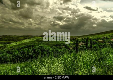 Le giornate di pioggia primaverile hanno coperto i campi e i giardini situati nella regione di Kotayk in Armenia, ai piedi delle montagne di Geghama, con una vegetazione luminosa. Foto Stock