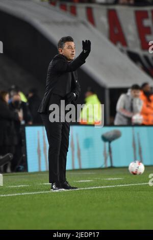 Buenos Aires, Arg - Giugno 27. Marcelo Gallardo, direttore del River Plate durante una partita Liga de FP tra il fiume e Lanús all'Estadio Monumental. Foto Stock