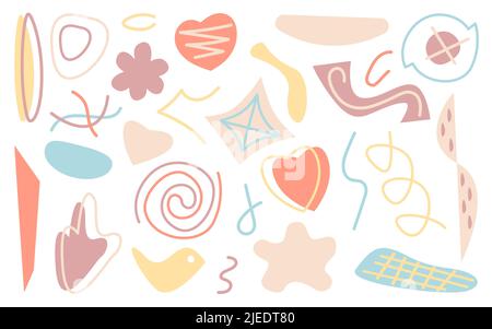 Astratto disegno a mano varie forme e doodle oggetti set. Collezione moderna e alla moda. Forme minimaliste. Progettazione di striscioni, brochure e copertine. Sfondo geometrico pastello. Illustrazione vettoriale Illustrazione Vettoriale