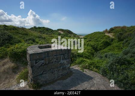 Resti di rovina di bunker sulla costa del mare nord sulla spiaggia in verde dune paesaggio vicino Dunkirk, Bray-Dunes, Francia Foto Stock