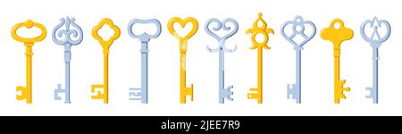 Cartoon chiave oro e argento segno set. Vecchie chiavi per la sicurezza, protezione vintage, elementi di design antico. Simbolo di accesso privato retrò e moderno per la crittografia del blocco di logo, Web o icone delle applicazioni Illustrazione Vettoriale