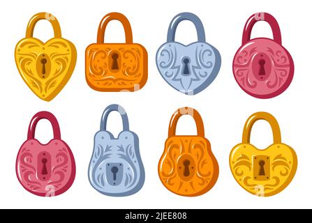 Blocca varie forme vintage cartoon set. Vecchio lucchetto per la sicurezza e protezione elemento di design. Lucchetti in metallo dorato e argento lucido per icone di giochi, Web o app che bloccano la privacy o la crittografia Illustrazione Vettoriale