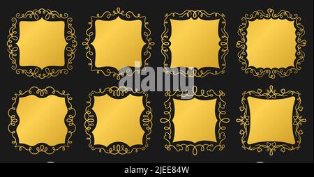Set filigrana con struttura in oro calligrafico. Spartitore d'epoca d'oro di lusso, cornici a vortice d'ornamento. I riccioli Classic Borders fioriscono decorazione matrimonio decor, romantico rotolo decorativo Illustrazione Vettoriale