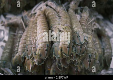 Gamberi di gamberi di gamberi di gamberi di gamberi di gamberi su ghiaccio nel mercato thailandese, sfondo di pesce Foto Stock