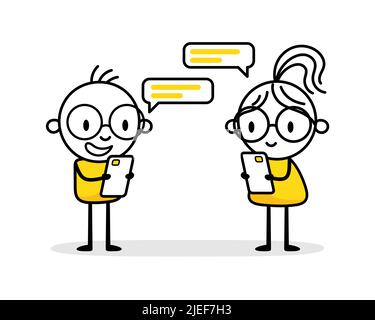 L'uomo e la donna stanno tenendo un telefono cellulare nelle loro mani e stanno trasmettendo i messaggi a vicenda. Comunicazione e concetto di social media. Vettore Illustrazione Vettoriale