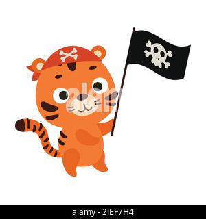 Carino tigre con bandiera pirata. Personaggio animale cartoon per magliette bambini, decorazione del vivaio, doccia bambino, biglietto d'auguri, invito, casa Illustrazione Vettoriale